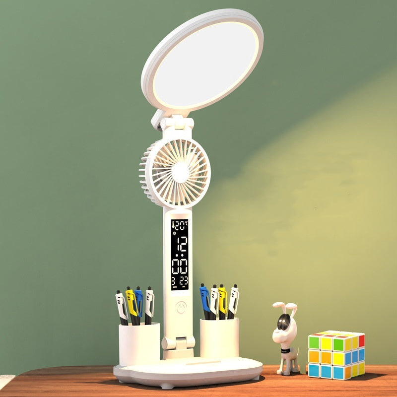 Desk Lamp Plug-in LED with Clock and Small Fan; Foldable and Eye Protection Reading Night Light