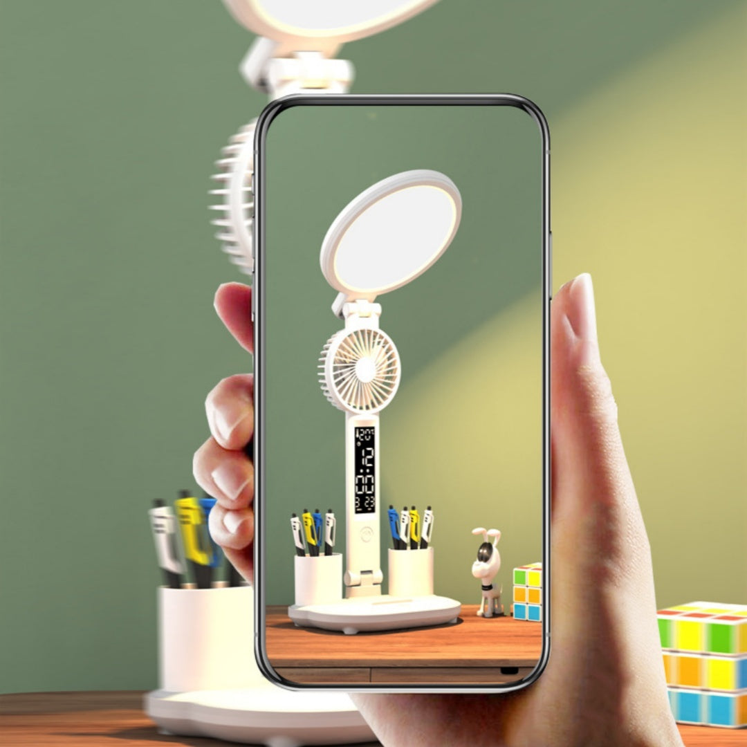 Desk Lamp Plug-in LED with Clock and Small Fan; Foldable and Eye Protection Reading Night Light