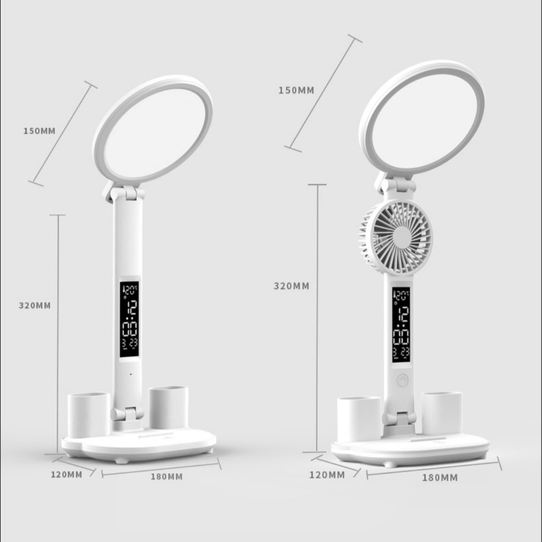 Desk Lamp Plug-in LED with Clock and Small Fan; Foldable and Eye Protection Reading Night Light
