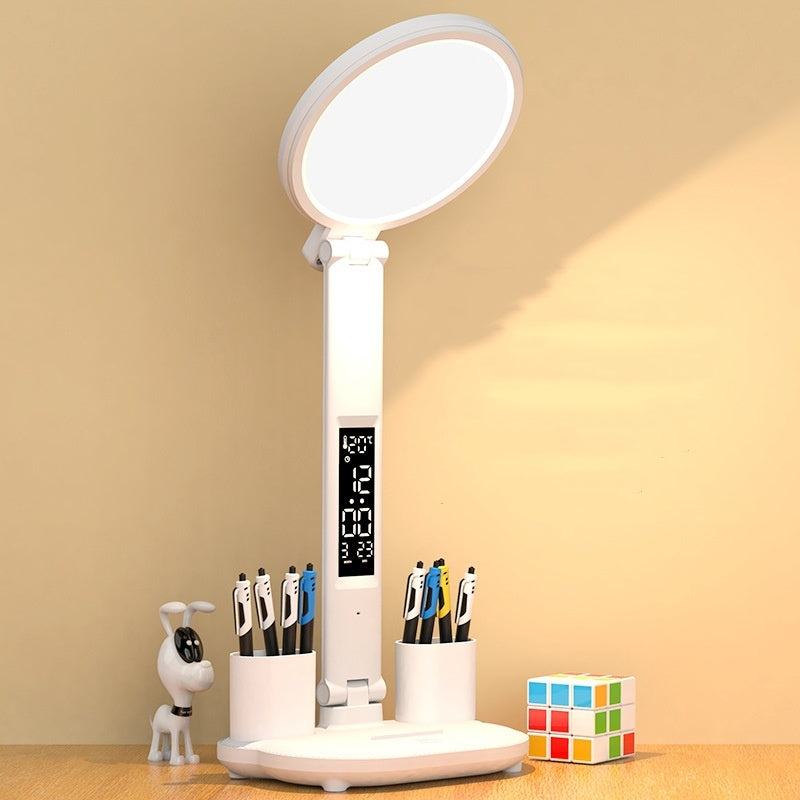 Desk Lamp Plug-in LED with Clock and Small Fan; Foldable and Eye Protection Reading Night Light