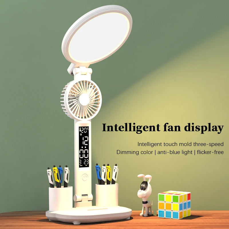 Desk Lamp Plug-in LED with Clock and Small Fan; Foldable and Eye Protection Reading Night Light
