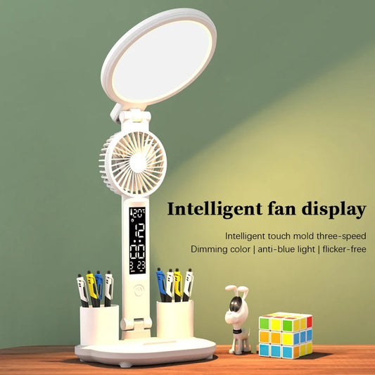 Desk Lamp Plug-in LED with Clock and Small Fan; Foldable and Eye Protection Reading Night Light
